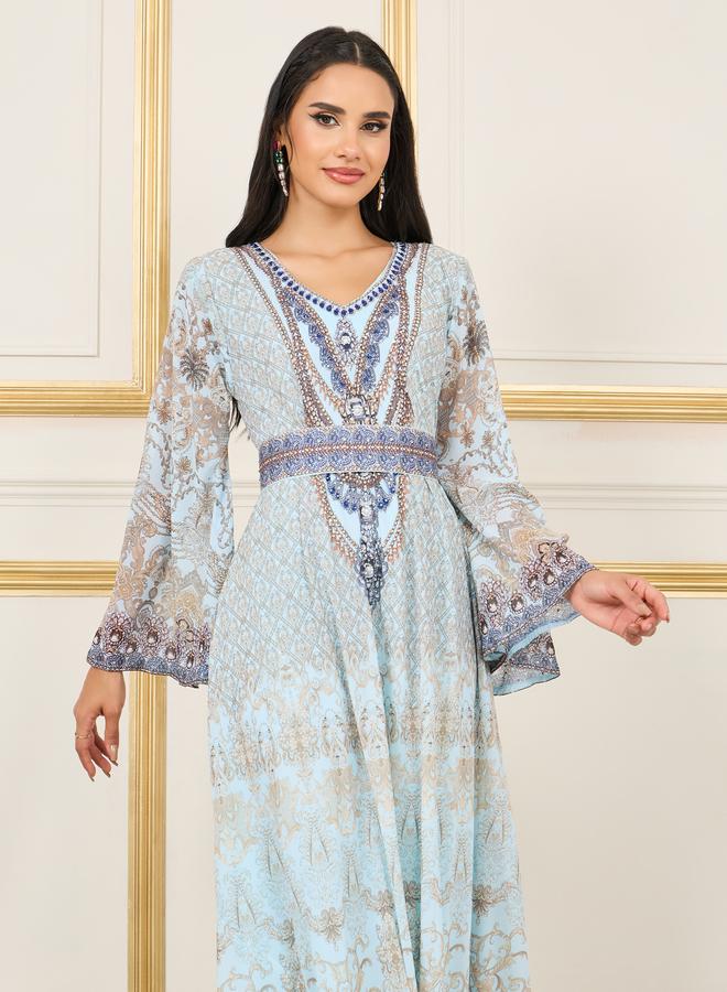 Take Two Rhinestone Detail Digital Print Belted Jalabiya - Image 2