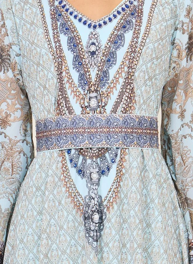 Maxim Creation Maxim Creation Rhinestone Detail Digital Print Belted Jalabiya