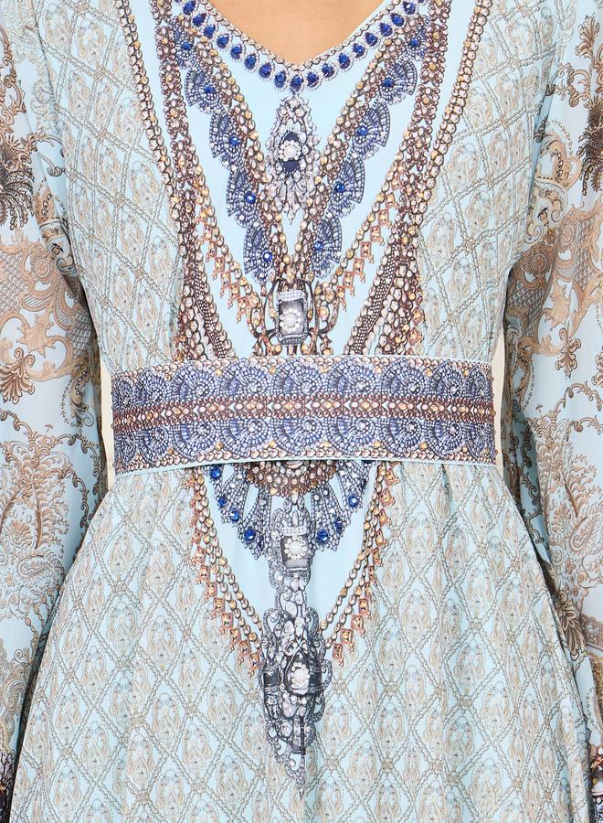 Take Two Rhinestone Detail Digital Print Belted Jalabiya - Image 3