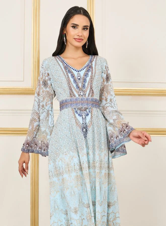 Maxim Creation Rhinestone Detail Digital Print Belted Jalabiya by Styli