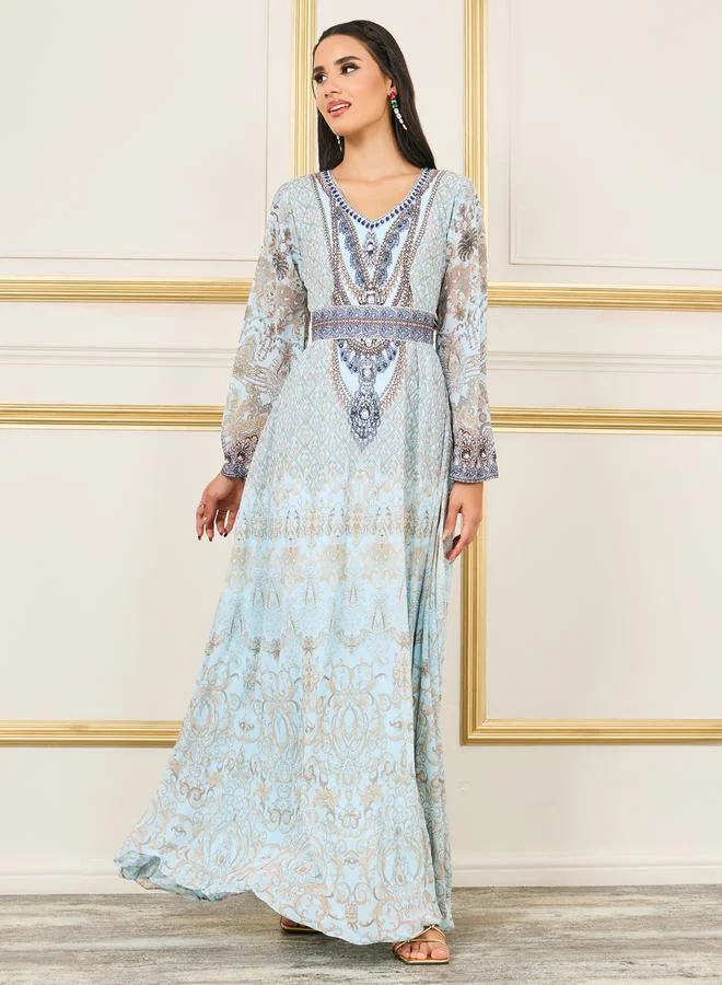 Maxim Creation Rhinestone Detail Digital Print Belted Jalabiya by Styli