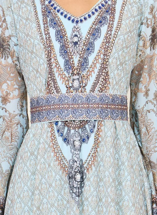 Maxim Creation Rhinestone Detail Digital Print Belted Jalabiya by Styli