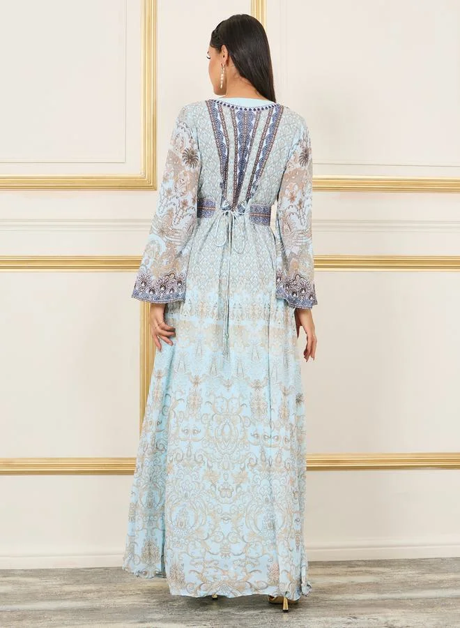 Maxim Creation Rhinestone Detail Digital Print Belted Jalabiya by Styli