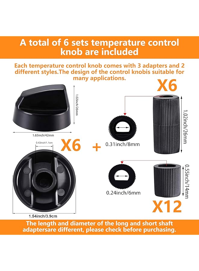 erorex 6 Pack Black Universal Control Knobs Replacement With 6 Long Adapters And 12 Short Adapters Suitable For Black Stoves Ranges And Ovens Abs Material Sturdy Practical Highly Compatible Multi Function - Image 2