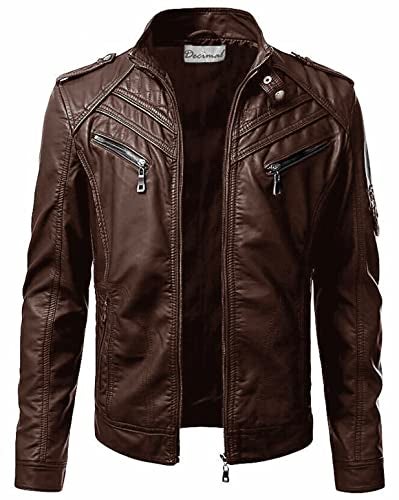 DECIMAL Men's Black Genuine Lambskin Leather Biker Jacket VINTAGE REAL MOTORCYCLE JACKETS FOR MEN (US, Alpha, Medium, Regular, Regular, BROWN) - Image 1