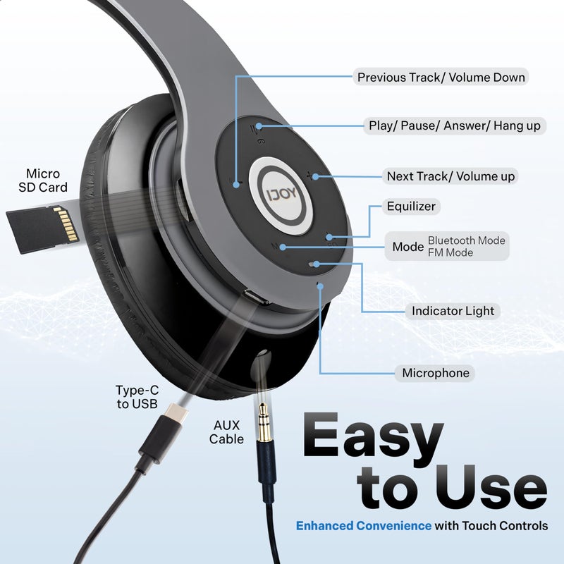iJoy Bluetooth Headphones Over Ear, Wireless and Wired Foldable Headset Built-in Microphone, FM, Micro SD Card Slot - (Blue) Adults Kids Boys - Image 4