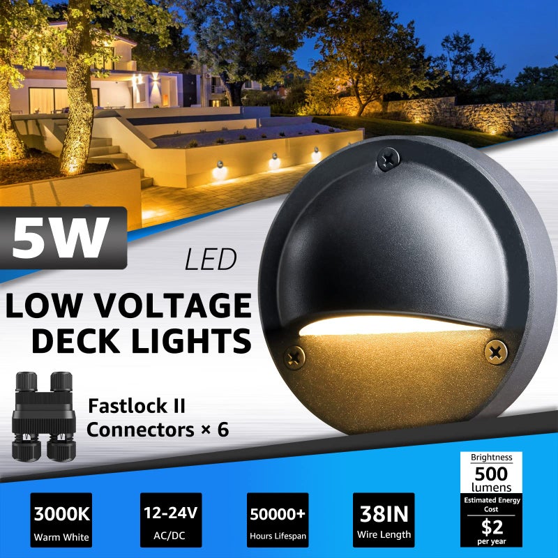 SUNVIE 5W LED Low Voltage Deck Lights, 12-24V Step Lights Outdoor with Fastlock2 Wire Connectors, Low Voltage Landscape Lighting 3000K Warm White Deck Stair Light Waterproof for Fence Post, 6 Pack - Image 2