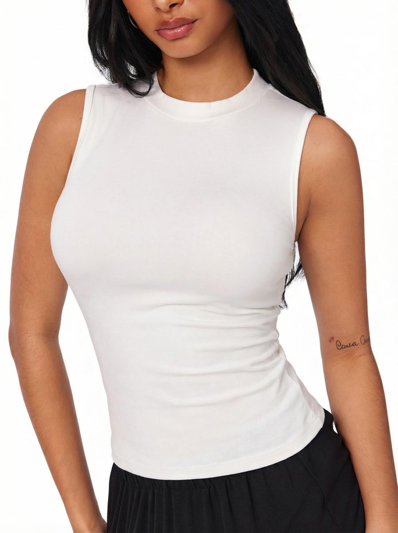 CIDER Crop Tops for Women Basic Sleeveless Ruched Going Out Summer Casual Ribbed Tank Top White - Image 1