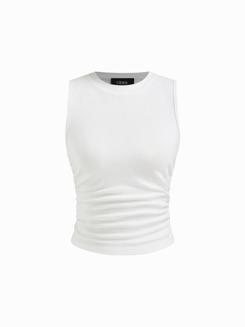 CIDER Crop Tops for Women Basic Sleeveless Ruched Going Out Summer Casual Ribbed Tank Top White - Image 5