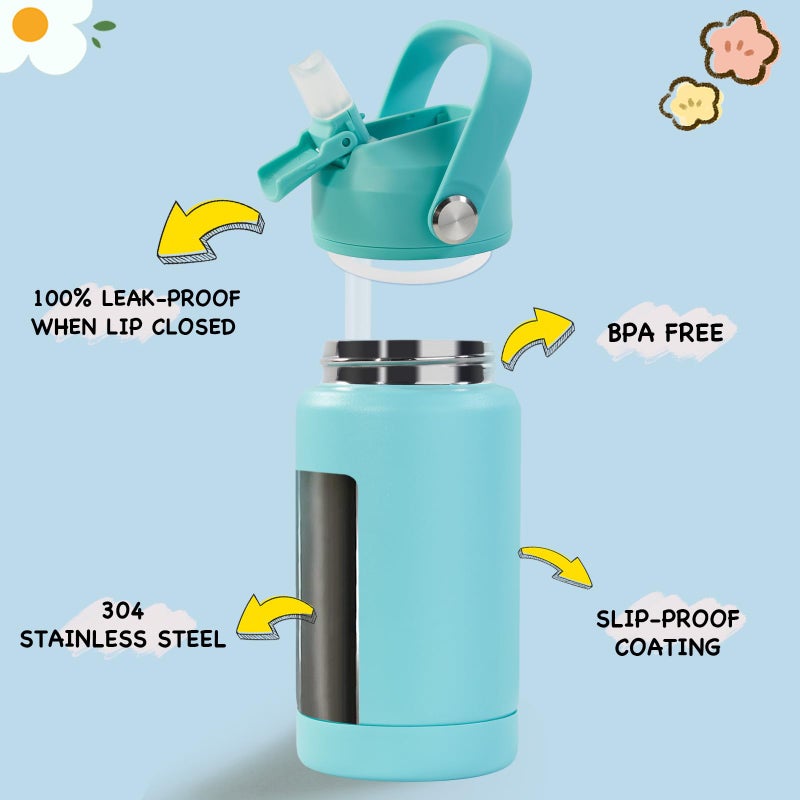 Kerilyn 12oz Kids Water Bottle, Stainless Steel Insulated Water Bottle for Kids, Toddler Cup With Straws Leak-proof, Toddler Water Bottles for School Boys Girls, BPA Free, Green - Image 2