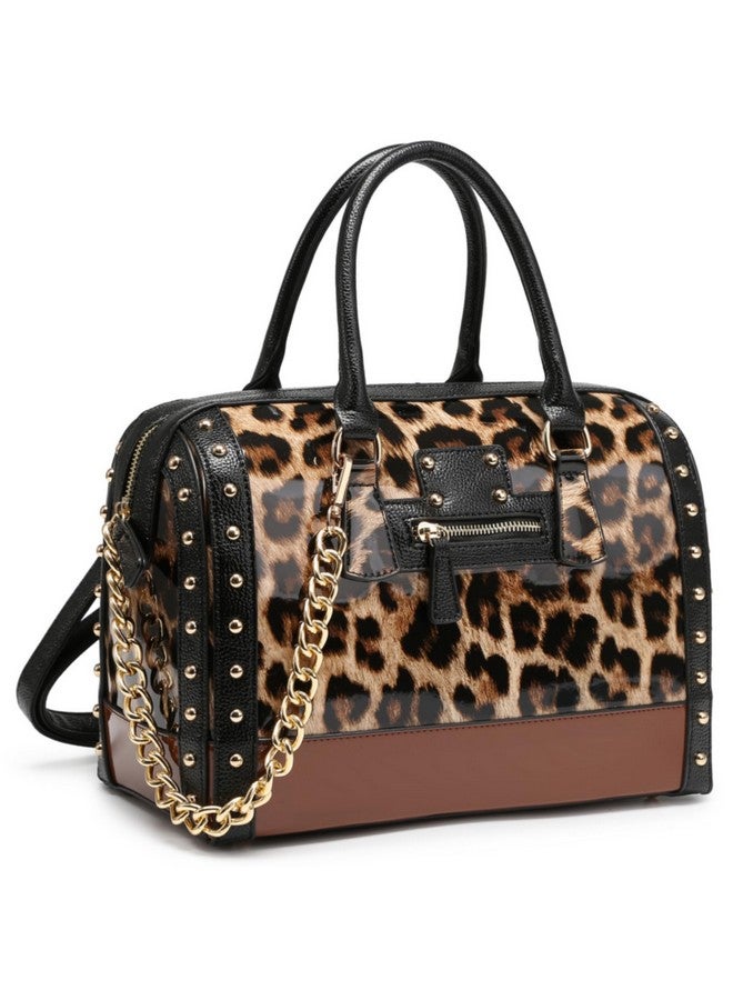 DASEIN Shiny Patent Faux Leather Handbags Women Barrel Purses Top Handle Satchel Bags Shoulder Bag (Large Leopard)  - Image 1