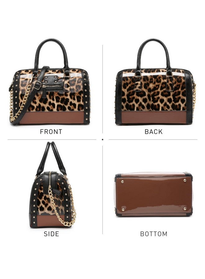 DASEIN Shiny Patent Faux Leather Handbags Women Barrel Purses Top Handle Satchel Bags Shoulder Bag (Large Leopard)  - Image 3