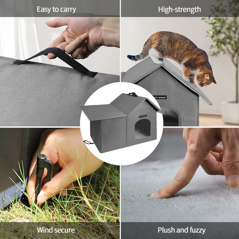 Rest-Eazzzy Outdoor Cat House, Feral Cat House Insulated with Mat and Clip, Weatherproof and Insulated, Cat Beds for Cats Kittens Puppies, Never Blow Away (Grey, M 13" X 17" X 20") - Image 5