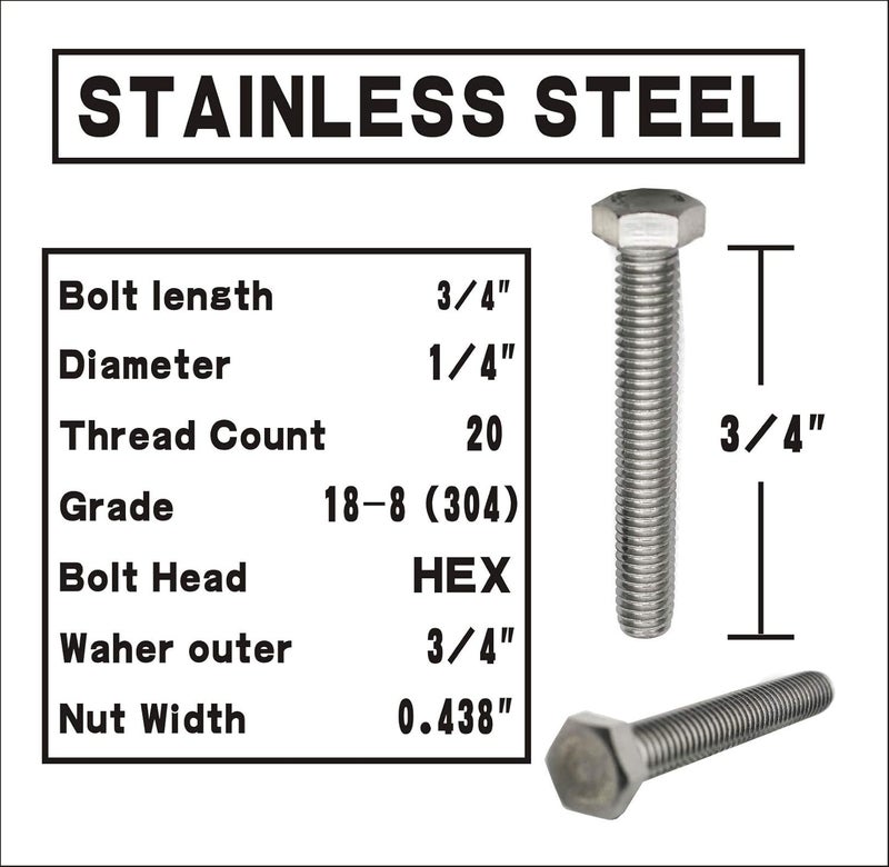 Fullerkreg (10 Sets) 1/4-20x3/4 Stainless Steel Hex Head Screws Bolts, Nuts, Flat & Lock Washers, 18-8 (304) S/S, Fully Threaded by Bolt - Image 2