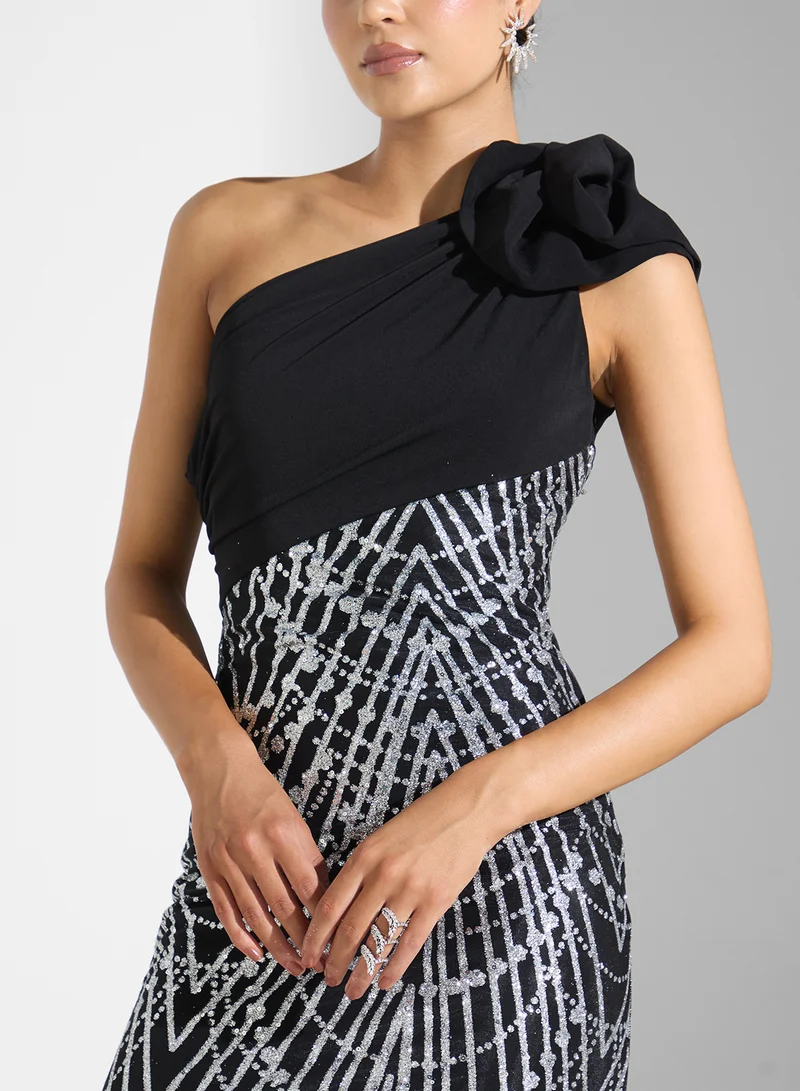Namshi x One Shoulder Shimmer  Dress