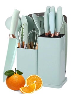 19-Piece Kitchen Cookware and Knife Set, Includes 11-Piece Silicone Cooking Utensils, 5-Piece Sharp Stainless Steel Chef Knives, Scissors, Whisk Tongs and Chopping Board (Light Green)