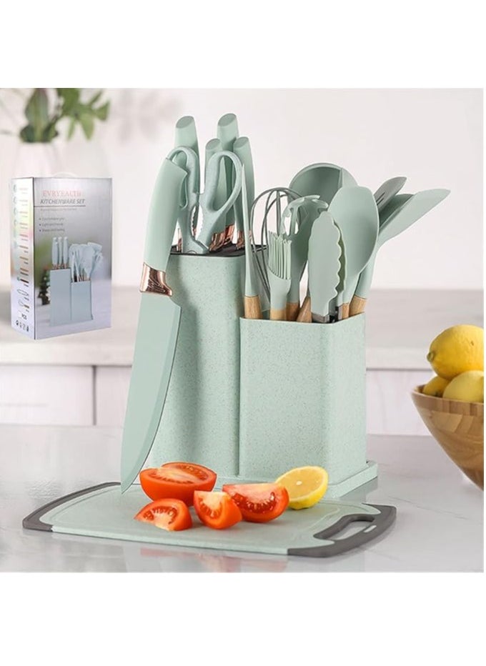 Generic - 19-Piece Kitchen Cookware and Knife Set, Includes 11-Piece Silicone Cooking Utensils, 5-Piece Sharp Stainless Steel Chef Knives, Scissors, Whisk Tongs and Chopping Board (Light Green) - Image 1