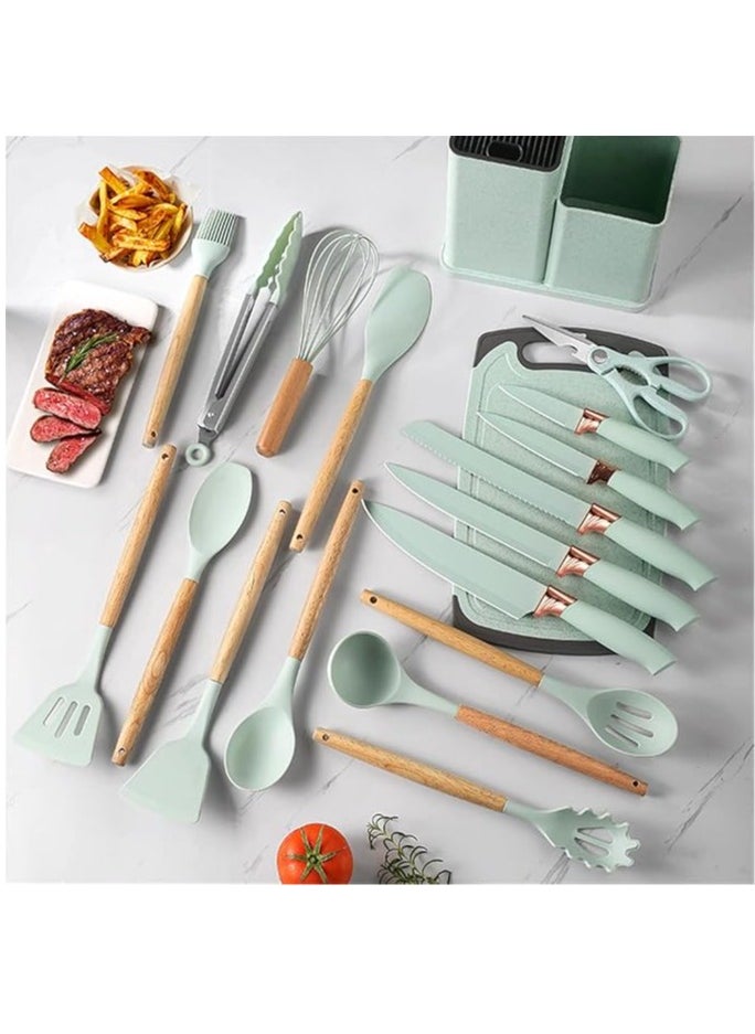 Generic - 19-Piece Kitchen Cookware and Knife Set, Includes 11-Piece Silicone Cooking Utensils, 5-Piece Sharp Stainless Steel Chef Knives, Scissors, Whisk Tongs and Chopping Board (Light Green) - Image 1