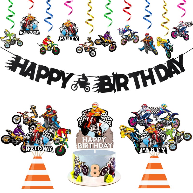 ANGOLIO 42Pcs Motocross Party Decorations Kits Dirt Bike Happy Birthday Decorations with Banners Cupcake Toppers Hanging Swirls Welcome Birthday Centerpieces Party Favors for Adult Men Boy Gift - Image 3