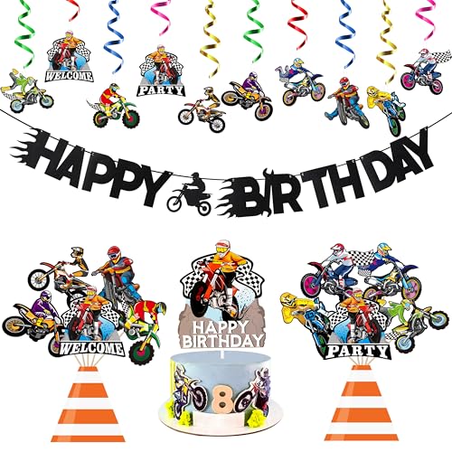 ANGOLIO 42Pcs Motocross Party Decorations Kits Dirt Bike Happy Birthday Decorations with Banners Cupcake Toppers Hanging Swirls Welcome Birthday Centerpieces Party Favors for Adult Men Boy Gift - Image 1