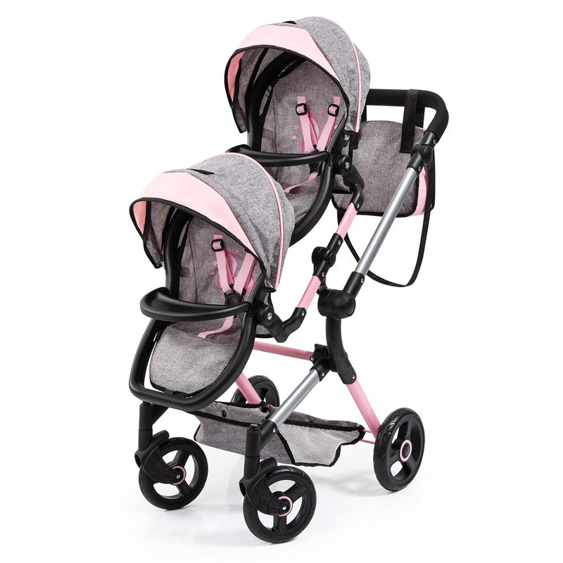 Bayer Twin Doll Pram Neo, Grey, Pink with Butterfly, Jean Look - Image 1