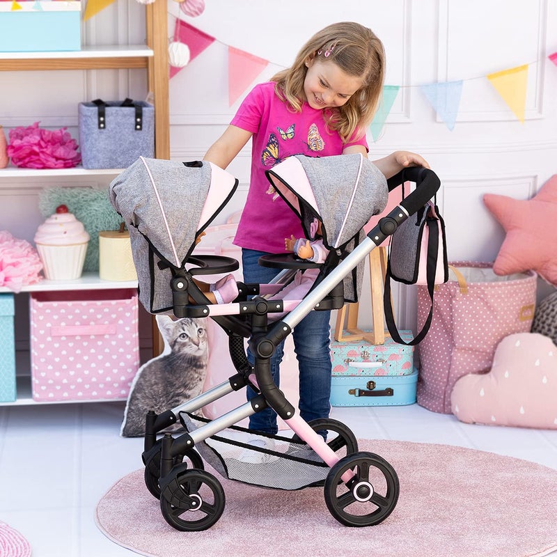 Bayer Twin Doll Pram Neo, Grey, Pink with Butterfly, Jean Look - Image 5