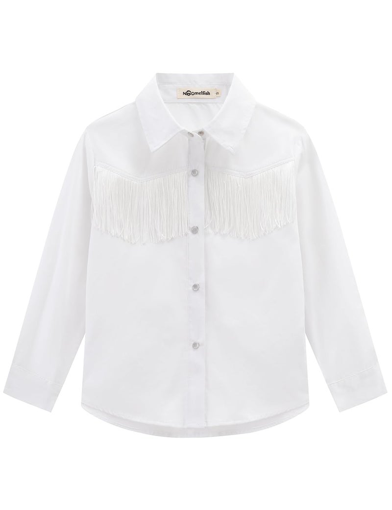 Noomelfish Women's Fringe Western Shirt Pearl Snap Button Down Cowgirl Long Sleeve Blouse Tops, White, Large - Image 5