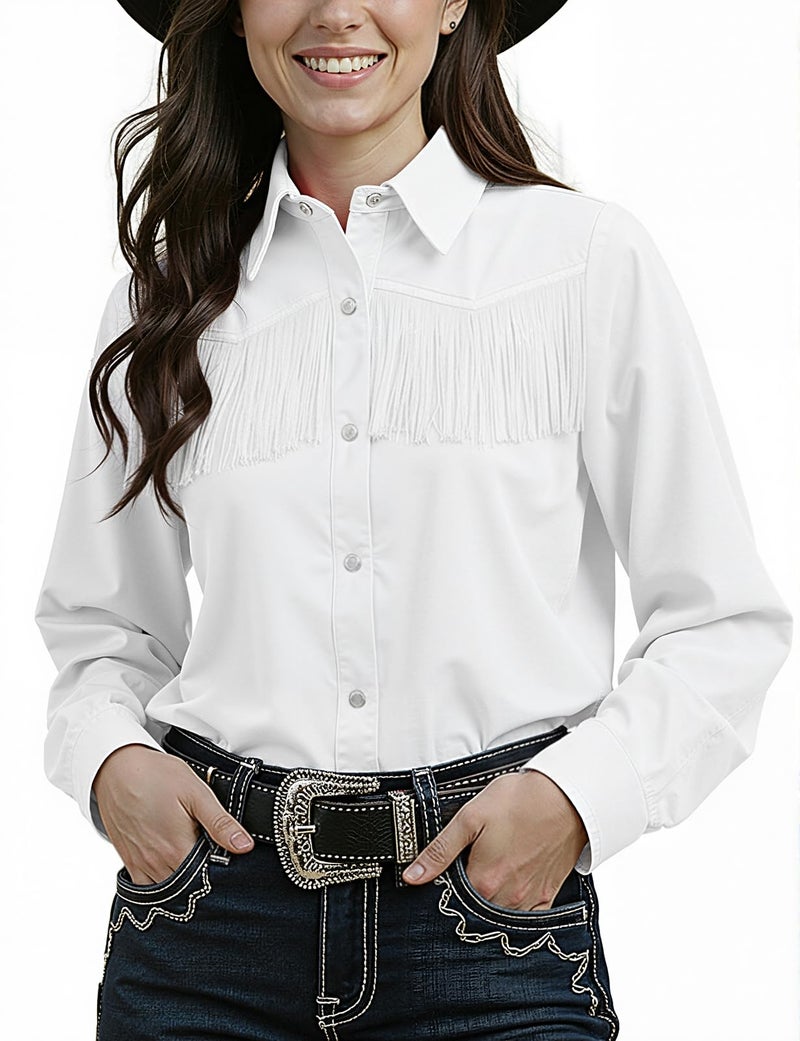 Noomelfish Women's Fringe Western Shirt Pearl Snap Button Down Cowgirl Long Sleeve Blouse Tops, White, Large - Image 1