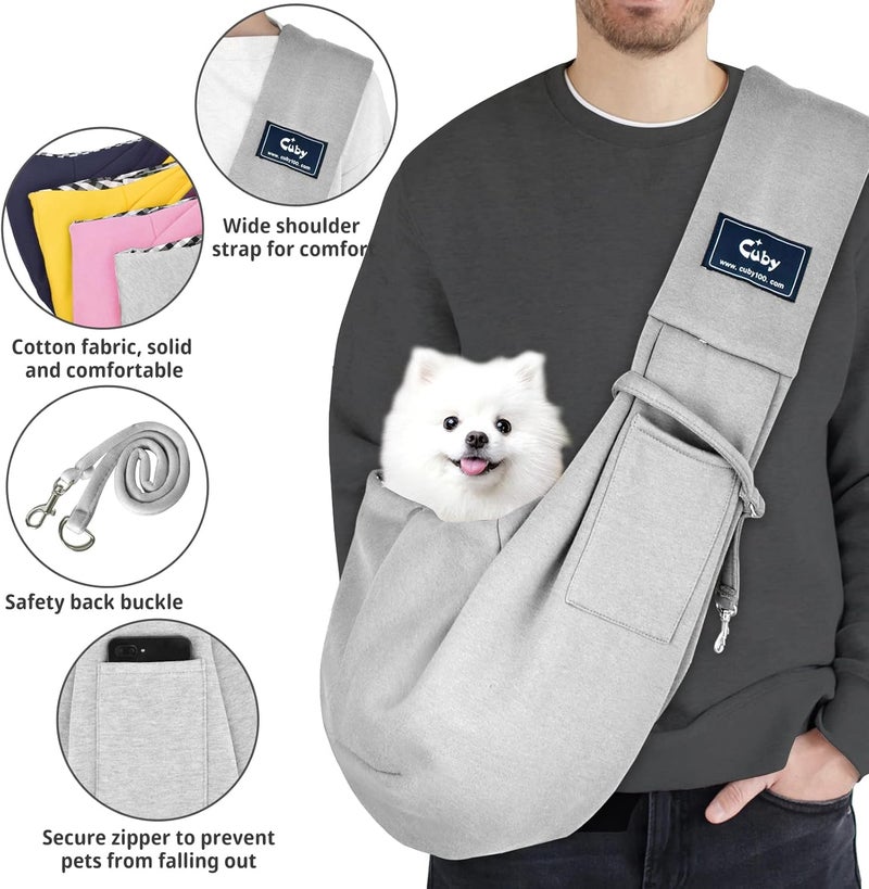 CUBY Dog and Cat Sling Carrier - Small Dog Carrier Sling with Adjust Strap & Zip Pocket, Hands Free Soft Dog Slings for Small Dogs Cats Puppy Pets (Classic Grey, 7.6"L x 4.9"W x 2.9"H) - Image 2