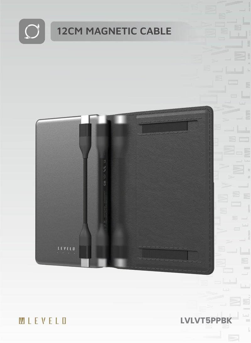 LEVELO 5000 mAh Vermont Portable Power Bank 5000mAh Wallet with Built-In Card Holder & Magnetic Type-C to C Cable Booktype / RFID Protection / Fast Charging Powerbank / LED indicators / 3 Card Pocket / 6 Card Capacity - Black  - Image 3