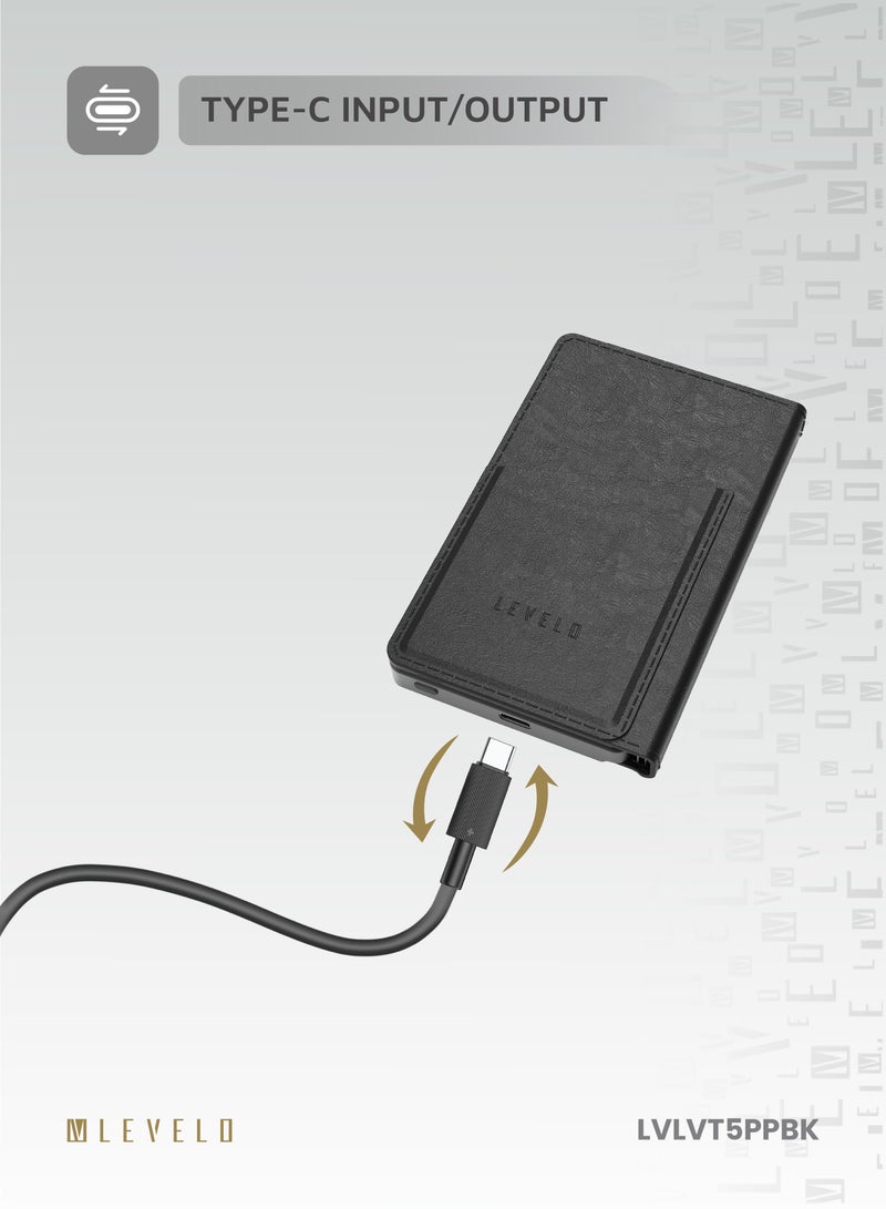 LEVELO 5000 mAh Vermont Portable Power Bank 5000mAh Wallet with Built-In Card Holder & Magnetic Type-C to C Cable Booktype / RFID Protection / Fast Charging Powerbank / LED indicators / 3 Card Pocket / 6 Card Capacity - Black  - Image 4