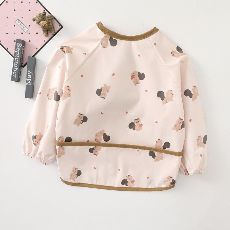 Korean Style Waterproof Baby Bib Apron Pink Squirrel Long Sleeve 