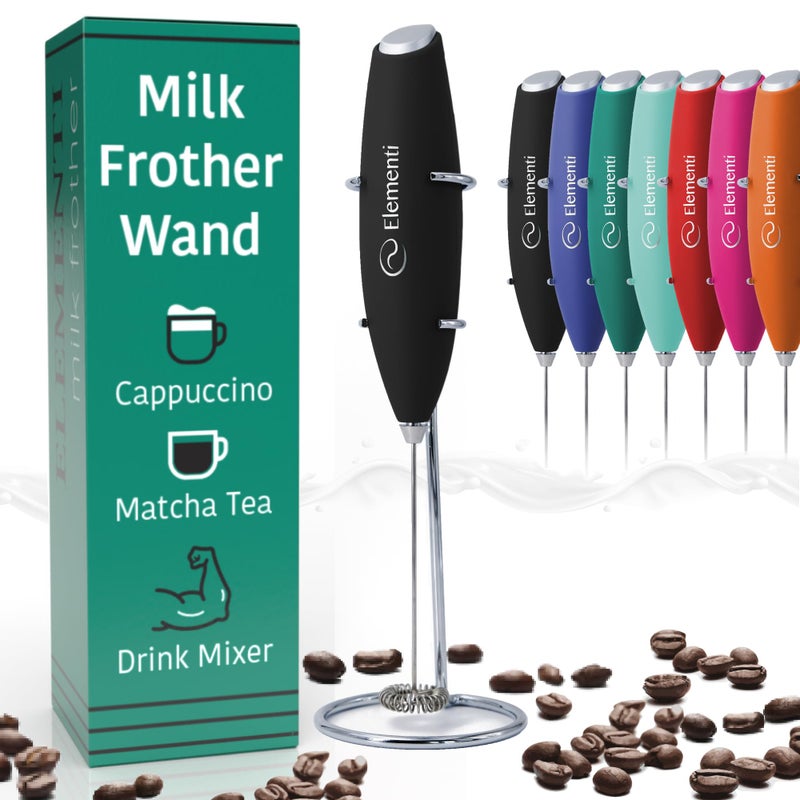 Elementi Milk Frother Wand Drink Mixer with Stand Turbo Milk Coffee Frother Handheld Hand Held Coffee Mixer Wand Cold Foam Maker for Frothy Cappuccinos Lattes Drink Mixes at Home Black - Image 1