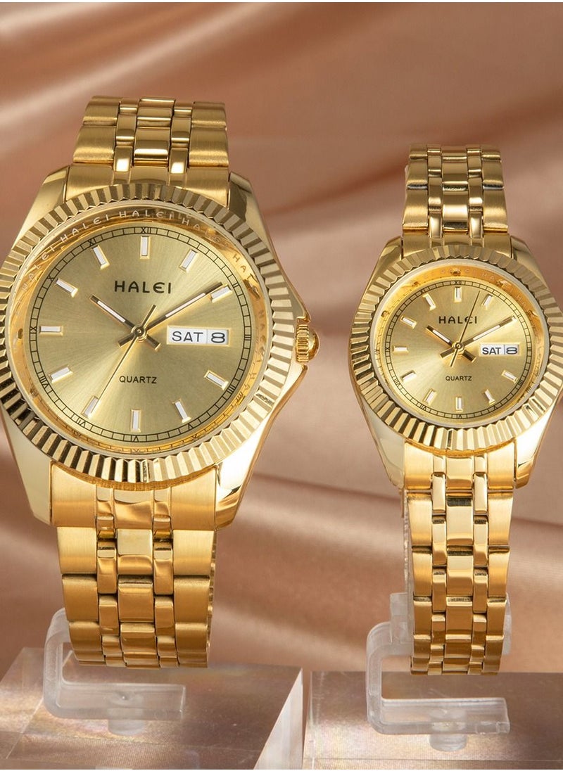 HALEI 2-Piece Luxury Couple Watches Golden Tone Stainless Steel Quartz Calendar Wristwatch Rhinestone His and Her Watch Set - pzsku/ZE05D7965CC9565917798Z/45/_/1739510634/17f1e6b5-1d32-4347-86d9-7f4c77009c18