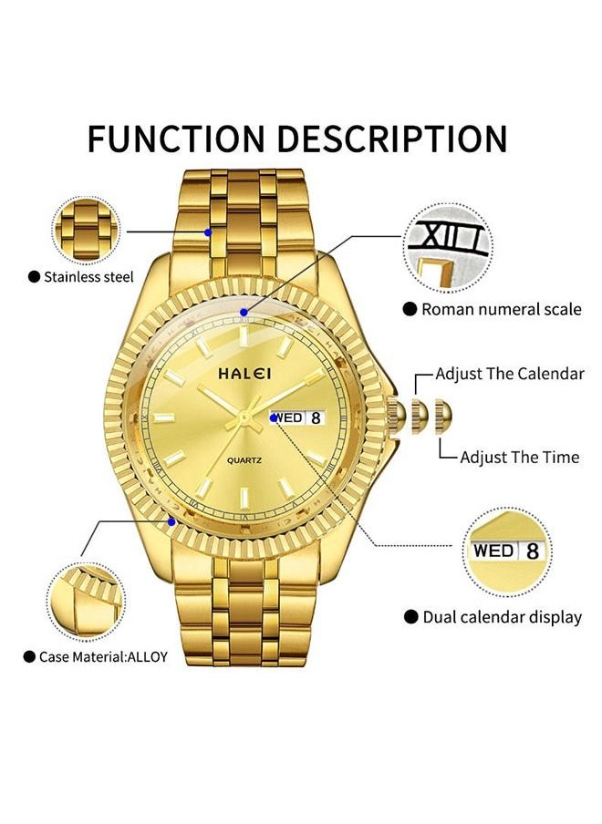 HALEI 2-Piece Luxury Couple Watches Golden Tone Stainless Steel Quartz Calendar Wristwatch Rhinestone His and Her Watch Set - pzsku/ZE05D7965CC9565917798Z/45/_/1739510636/fa1e0073-6ba8-4dca-9abd-81fb60085d98