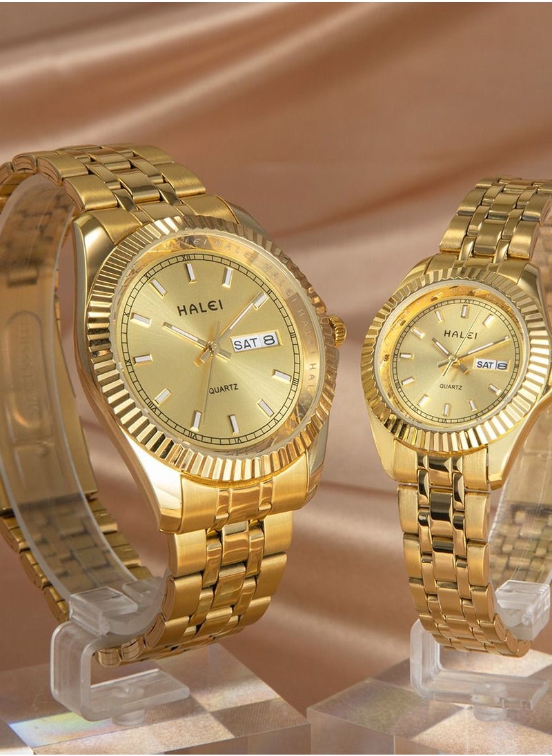 HALEI 2-Piece Luxury Couple Watches Golden Tone Stainless Steel Quartz Calendar Wristwatch Rhinestone His and Her Watch Set - pzsku/ZE05D7965CC9565917798Z/45/_/1739510638/b56043f2-6836-469b-95d5-cdd57c4cb4a2