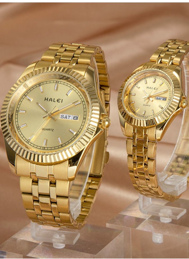 HALEI 2-Piece Luxury Couple Watches Golden Tone Stainless Steel Quartz Calendar Wristwatch Rhinestone His and Her Watch Set - pzsku/ZE05D7965CC9565917798Z/45/_/1739510640/b7bbb083-16d1-4b2b-8bcb-ef23db83e485