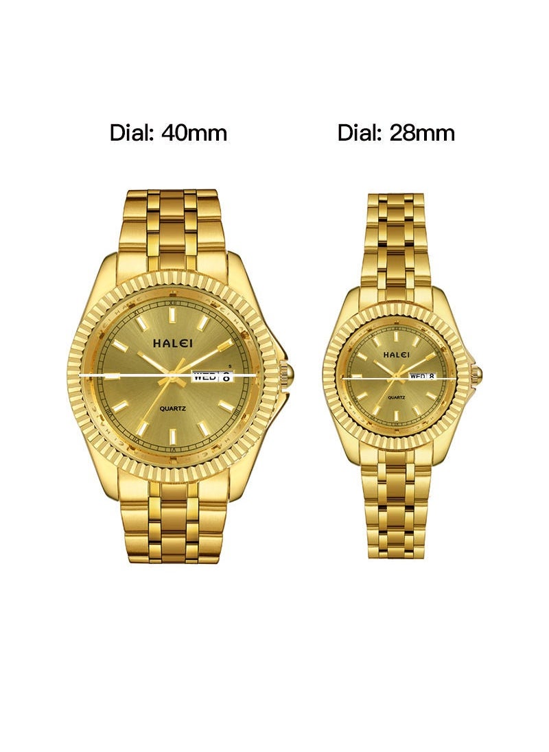 HALEI 2-Piece Luxury Couple Watches Golden Tone Stainless Steel Quartz Calendar Wristwatch Rhinestone His and Her Watch Set - pzsku/ZE05D7965CC9565917798Z/45/_/1739510643/fd93b104-bc7c-4a45-ac3e-80d9fdfacc8d