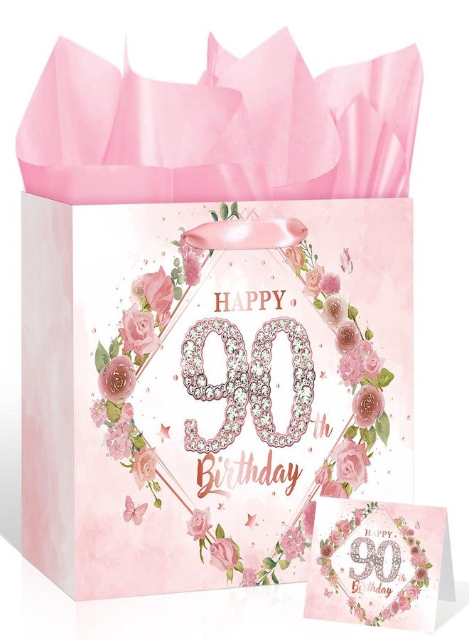 LUUFILx Happy 90th Birthday Gift Bag Decorations for Women Pink 90th Birthday Wrapping Paper Bag with Tissue Paper Card Floral 90 Year Old Party Favor Wrap Bags for Her Mom Wife 90 & Fabulous Bday Supplies - Image 1