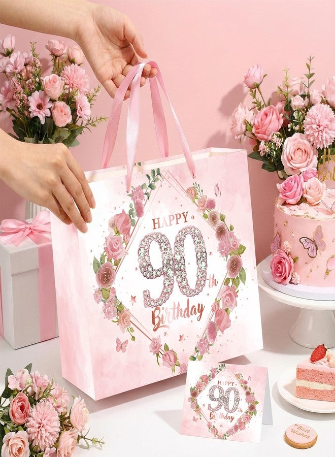 LUUFILx Happy 90th Birthday Gift Bag Decorations for Women Pink 90th Birthday Wrapping Paper Bag with Tissue Paper Card Floral 90 Year Old Party Favor Wrap Bags for Her Mom Wife 90 & Fabulous Bday Supplies - Image 4