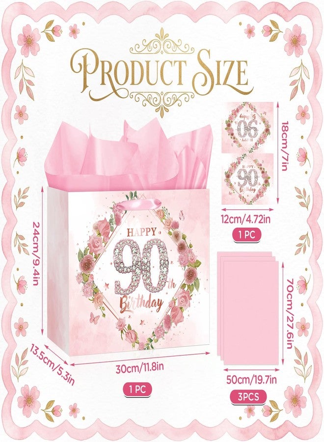 LUUFILx Happy 90th Birthday Gift Bag Decorations for Women Pink 90th Birthday Wrapping Paper Bag with Tissue Paper Card Floral 90 Year Old Party Favor Wrap Bags for Her Mom Wife 90 & Fabulous Bday Supplies - Image 5