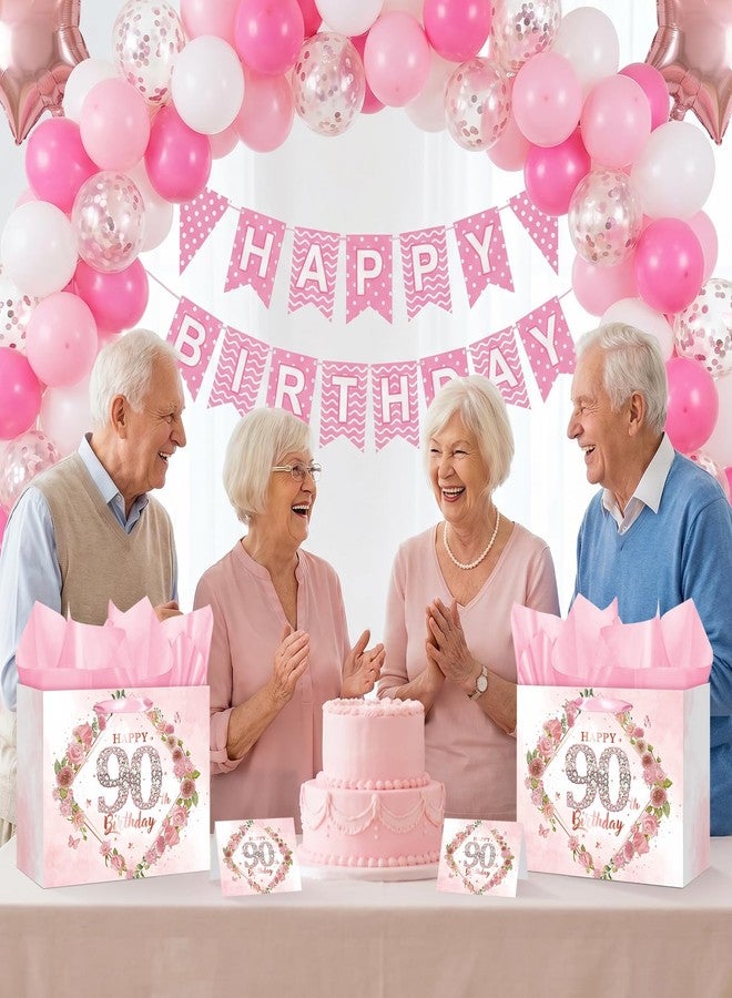 LUUFILx Happy 90th Birthday Gift Bag Decorations for Women Pink 90th Birthday Wrapping Paper Bag with Tissue Paper Card Floral 90 Year Old Party Favor Wrap Bags for Her Mom Wife 90 & Fabulous Bday Supplies - Image 2