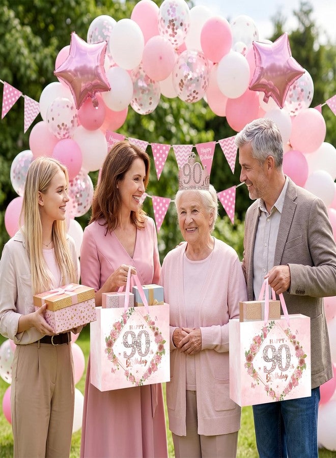 LUUFILx Happy 90th Birthday Gift Bag Decorations for Women Pink 90th Birthday Wrapping Paper Bag with Tissue Paper Card Floral 90 Year Old Party Favor Wrap Bags for Her Mom Wife 90 & Fabulous Bday Supplies - Image 3
