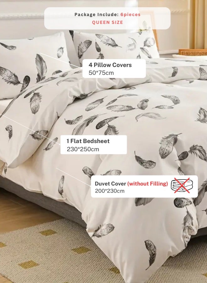LUNA Home Queen size 6 piece duvet cover set, white bed linen with gray feathers. - Image 2