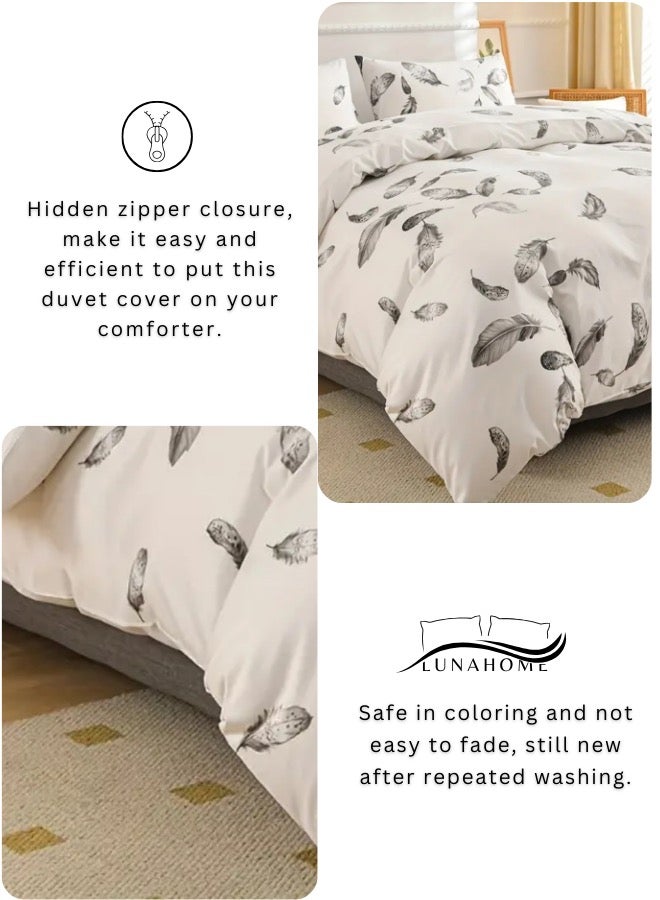 LUNA Home Queen size 6 piece duvet cover set, white bed linen with gray feathers. - Image 5