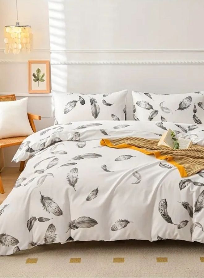 LUNA Home Queen size 6 piece duvet cover set, white bed linen with gray feathers. - Image 1
