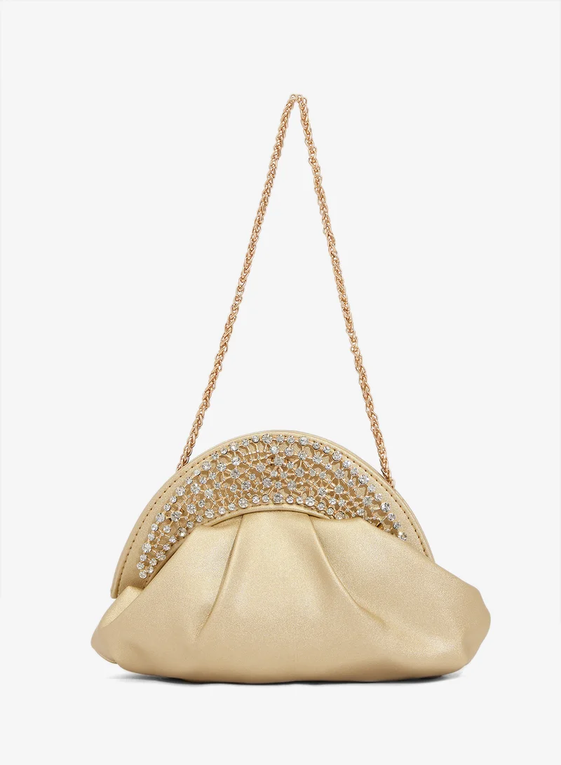 Khizana Gold Embellished Rhinestone Detail Chain Pleated Clutch