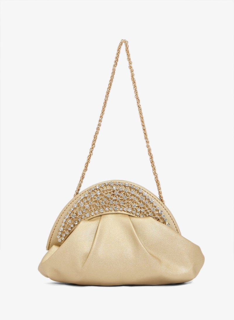 Khizana Gold Embellished Rhinestone Detail Chain Pleated Clutch - Image 2