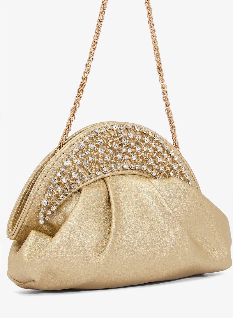 Khizana Gold Embellished Rhinestone Detail Chain Pleated Clutch - Image 4