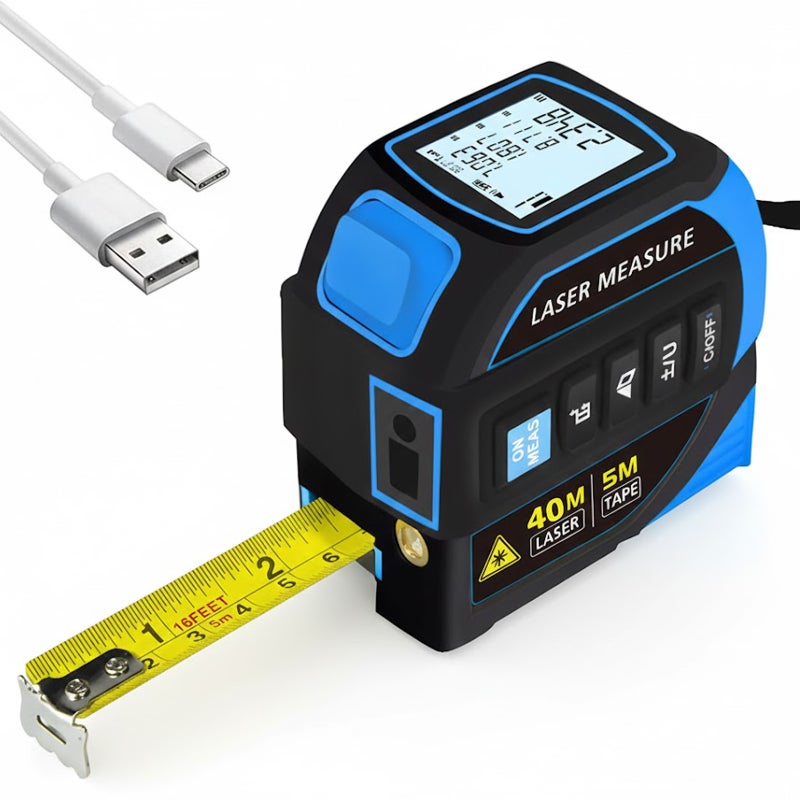 4-in-1 Digital Laser Tape Measure 40m Laser Distance Meter 5m Tape Dual-Axis Electronic Level Crosshair Markings Rechargeable Backlit LCD Display - Image 1